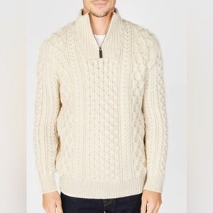 Men’s Irish Wool Cable Knit Quarter-Zip Sweater – Cream Ivory – 100% Virgin Wool